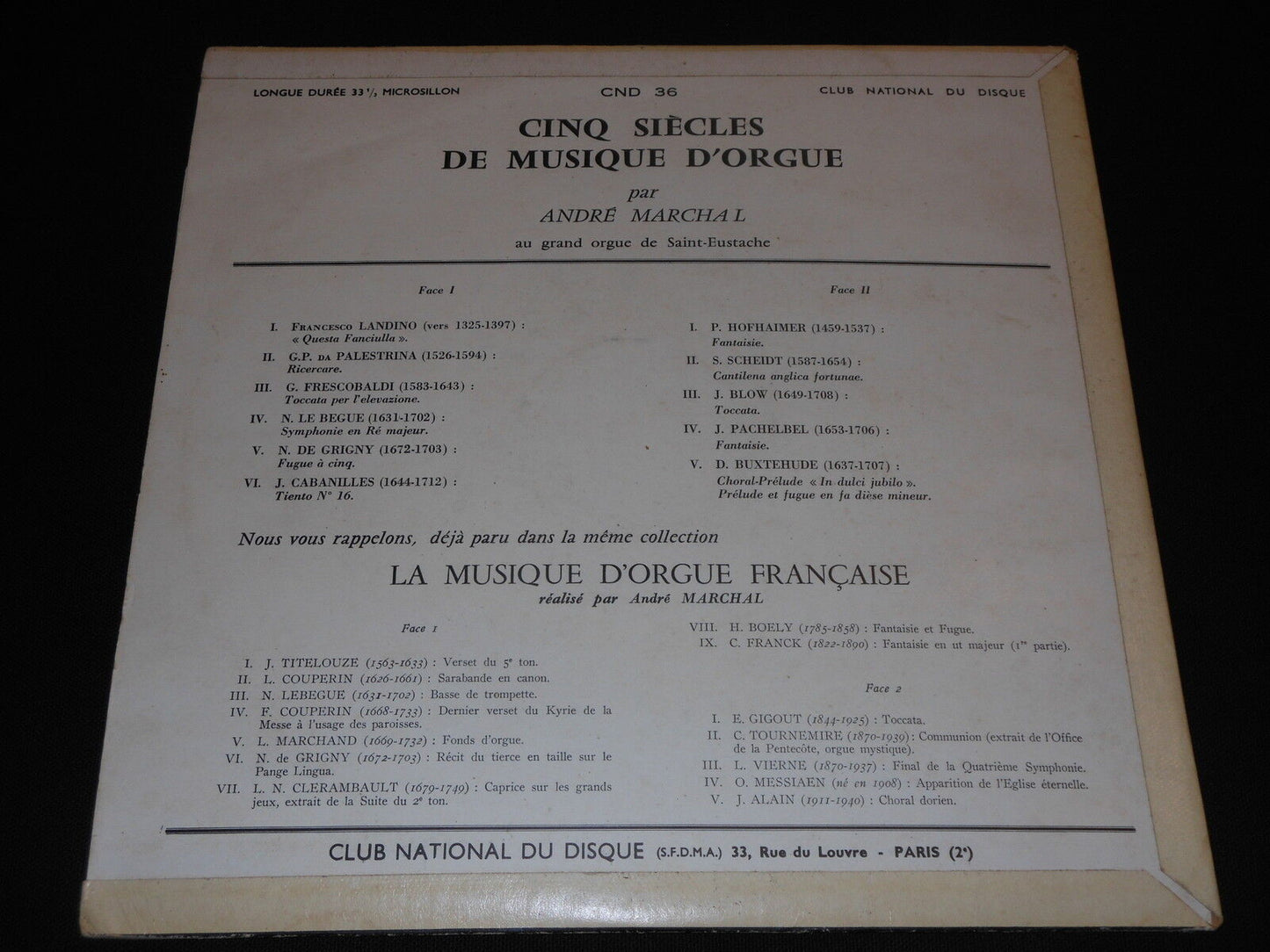 ANDRE MARCHAL LP 33T CINQ SIECLES DE MUSIQUE D'ORGUE