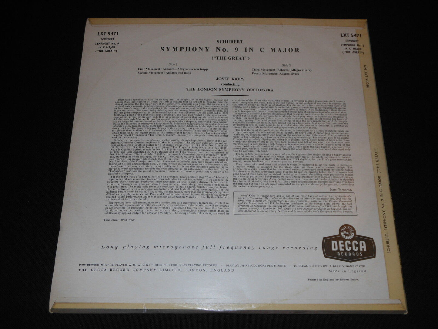 SCHUBERT / JOSEF KRIPS GREAT C MAJOR SYMPHONY LP 33T UK DECCA LXT 5471