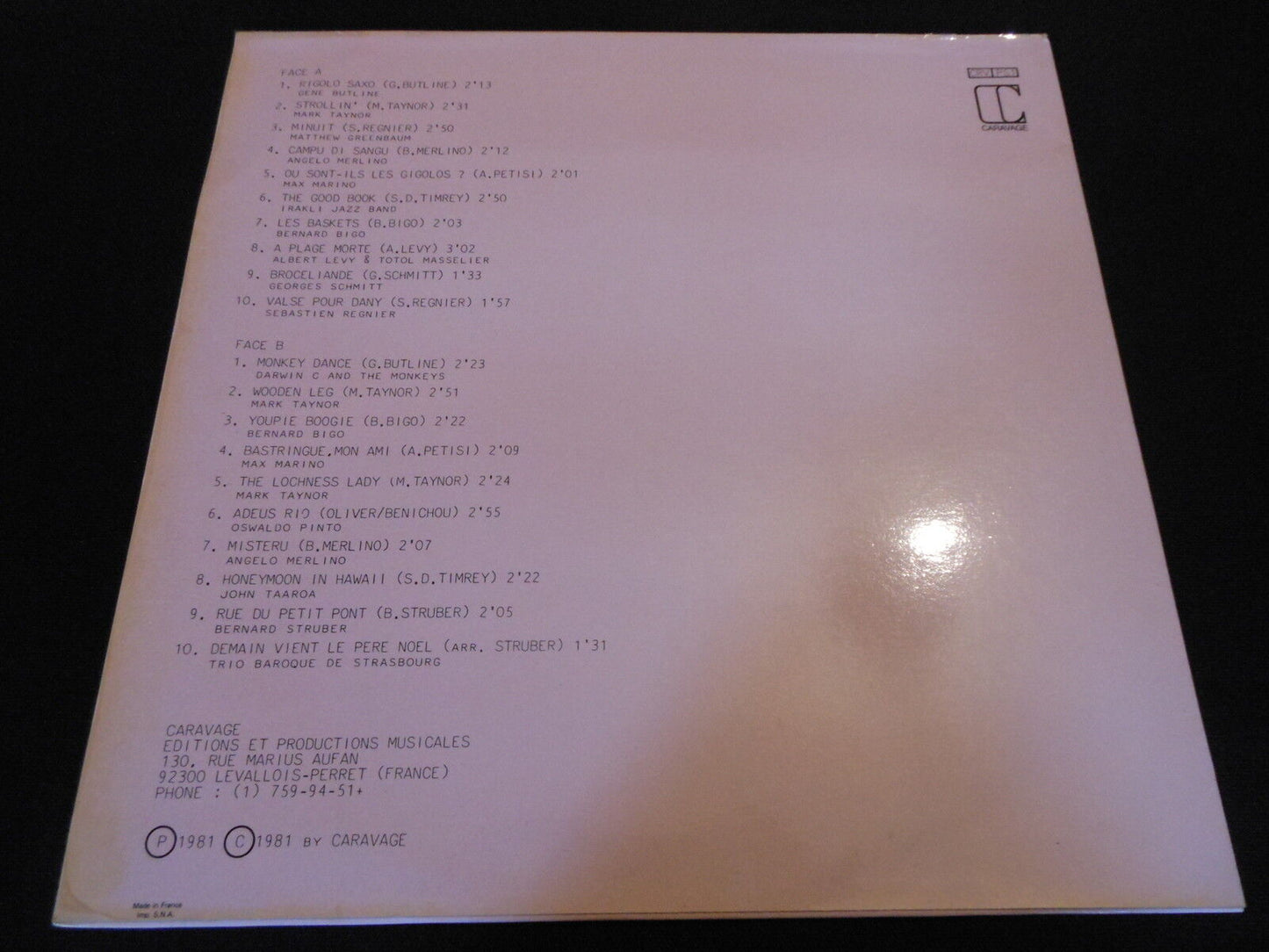 POCHETTE SURPRISE LP 33T 12" CARAVAGE CRV PS1 1981