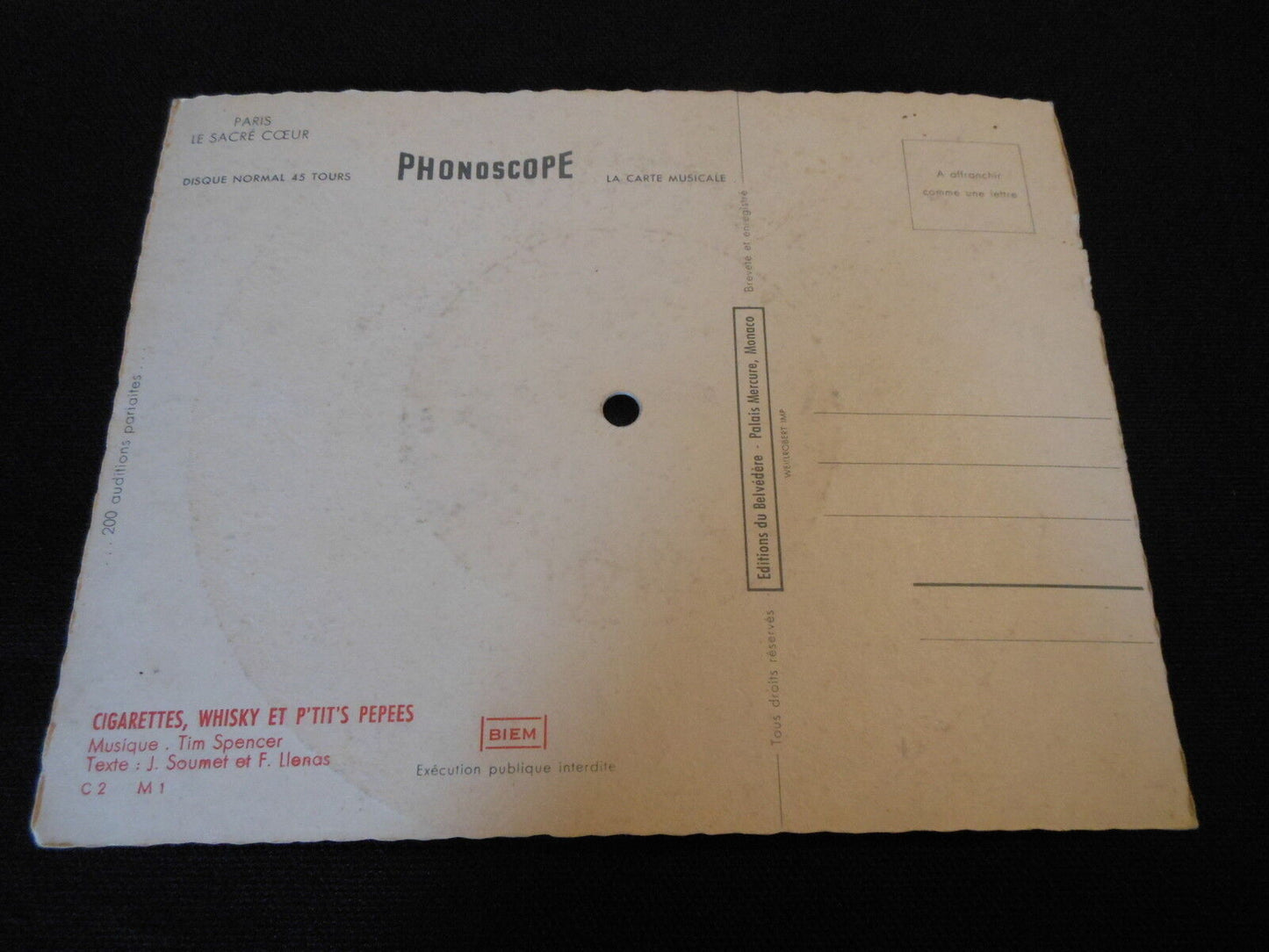 CARTE MUSICALE DISQUE 45T PHONOSCOPE PARIS LE SACRE COEUR
