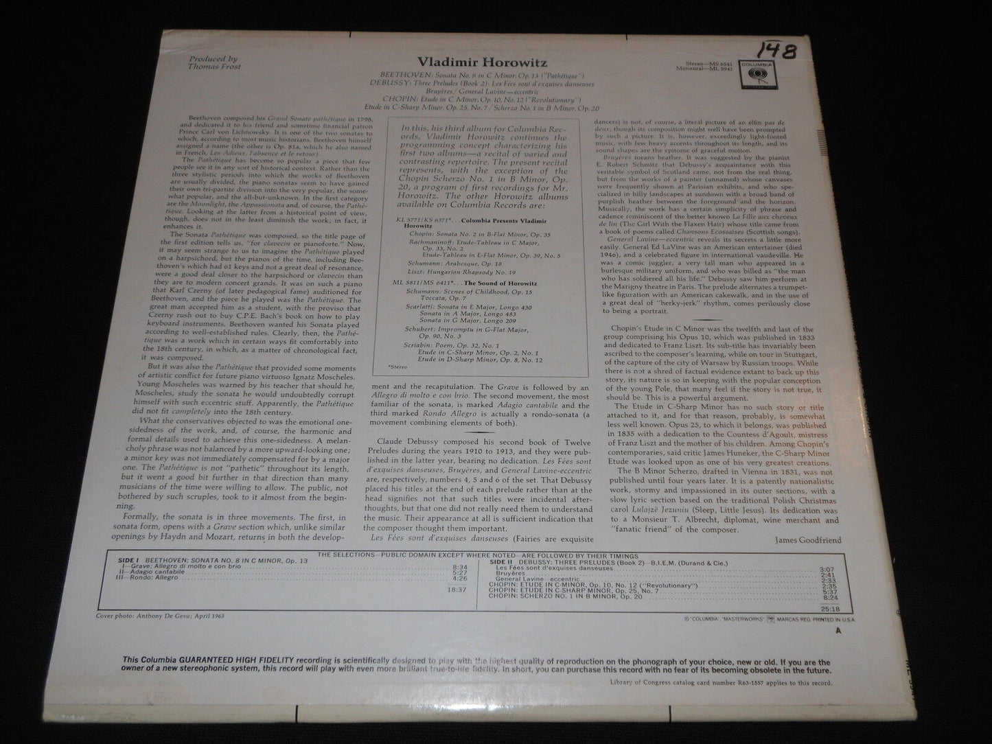 VLADIMIR HOROWITZ CHOPIN ... LP 33T 12" COLUMBIA MONO ML 5941 USA