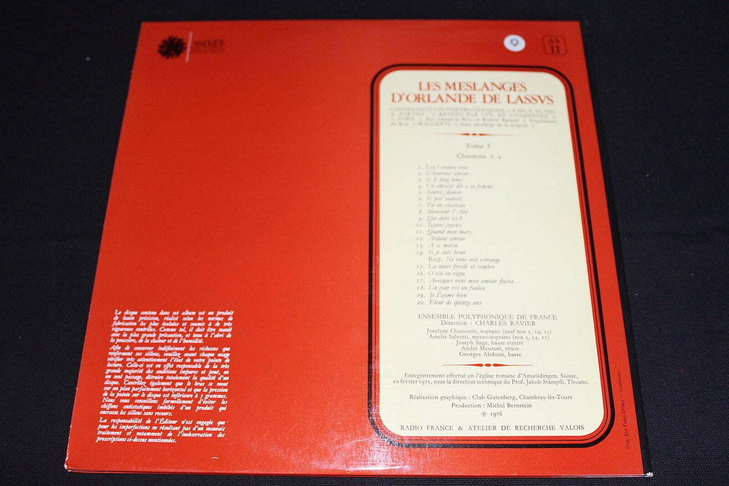 LES MESLANGES D'ORLANDE DE LASSUS CHARLES RAVIER LP 33T 12" ASTREE AS 11