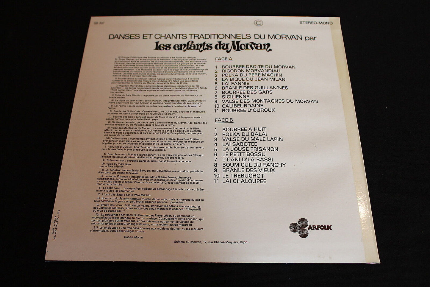 DANCES TRADITIONAL SONGS THE CHILDREN OF MORVAN LP 33T 12" ARFOLK SB 337