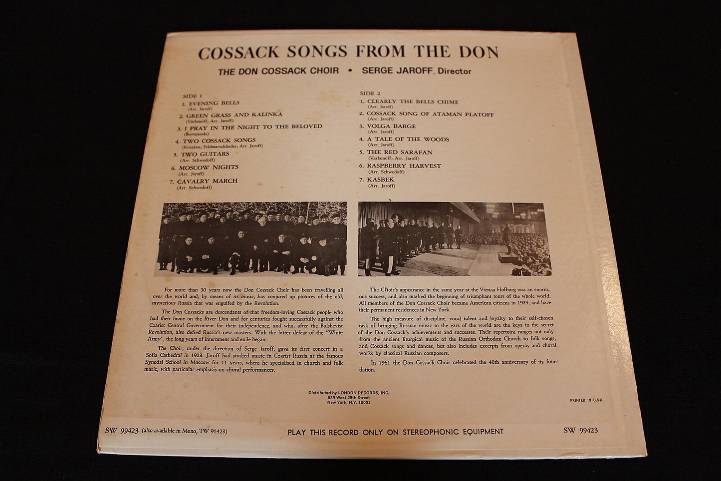 SERGE JAROFF COSSACK SONGS FROM THE DON LONDON SW 99423 USA LP 33T 12"