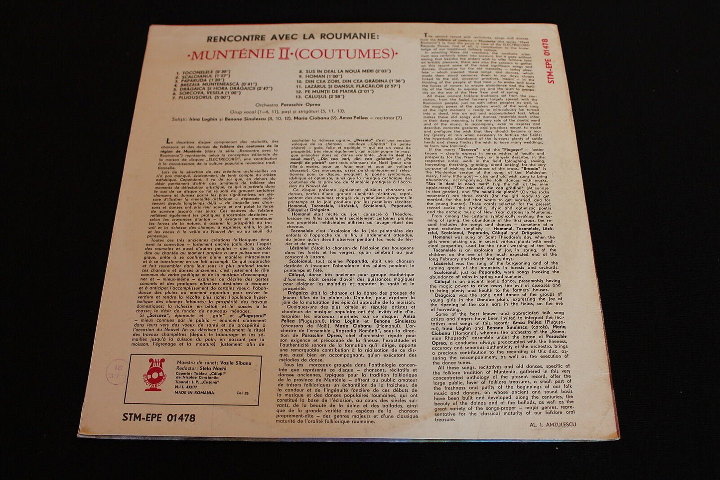 RENCONTRE AVEC LA ROUMANIE LP 33T 12" ELECTRECORD STE-EPE 01478 ROMANIA