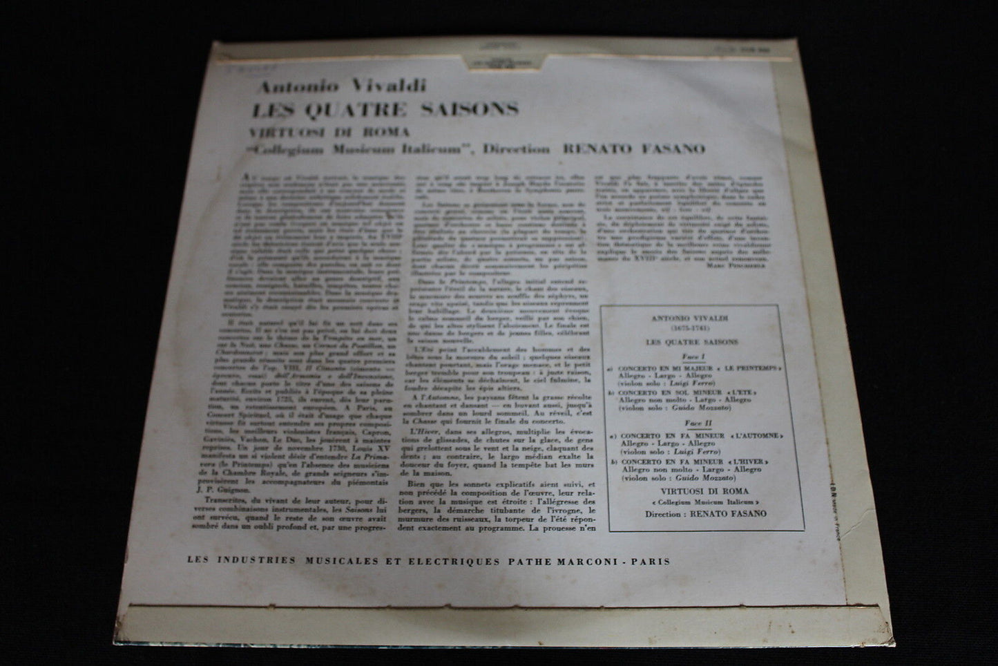 VIVALDI VIRTUOSI DI ROMA RENATO FASANO LES QUATRE SAISONS LP 33T 12"