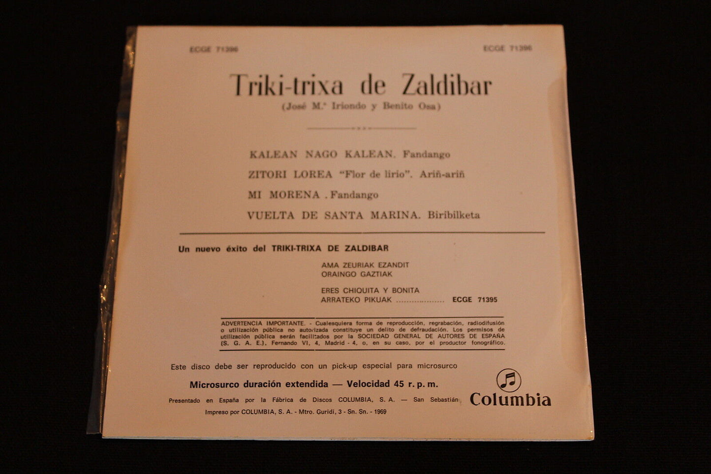 TRIKI-TRIXA DE ZALDIBAR EP 45T 7" COLUMBIA SPAIN 1969