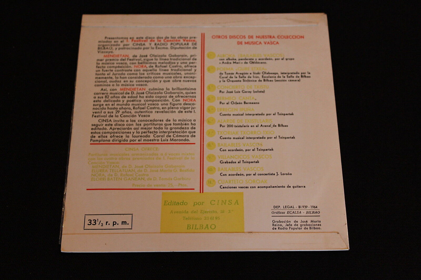 PRIMER FESTIVAL DE LA CANCION VASCA MENDIETAN / NORA 1964 BILBAO EP 33T 7"
