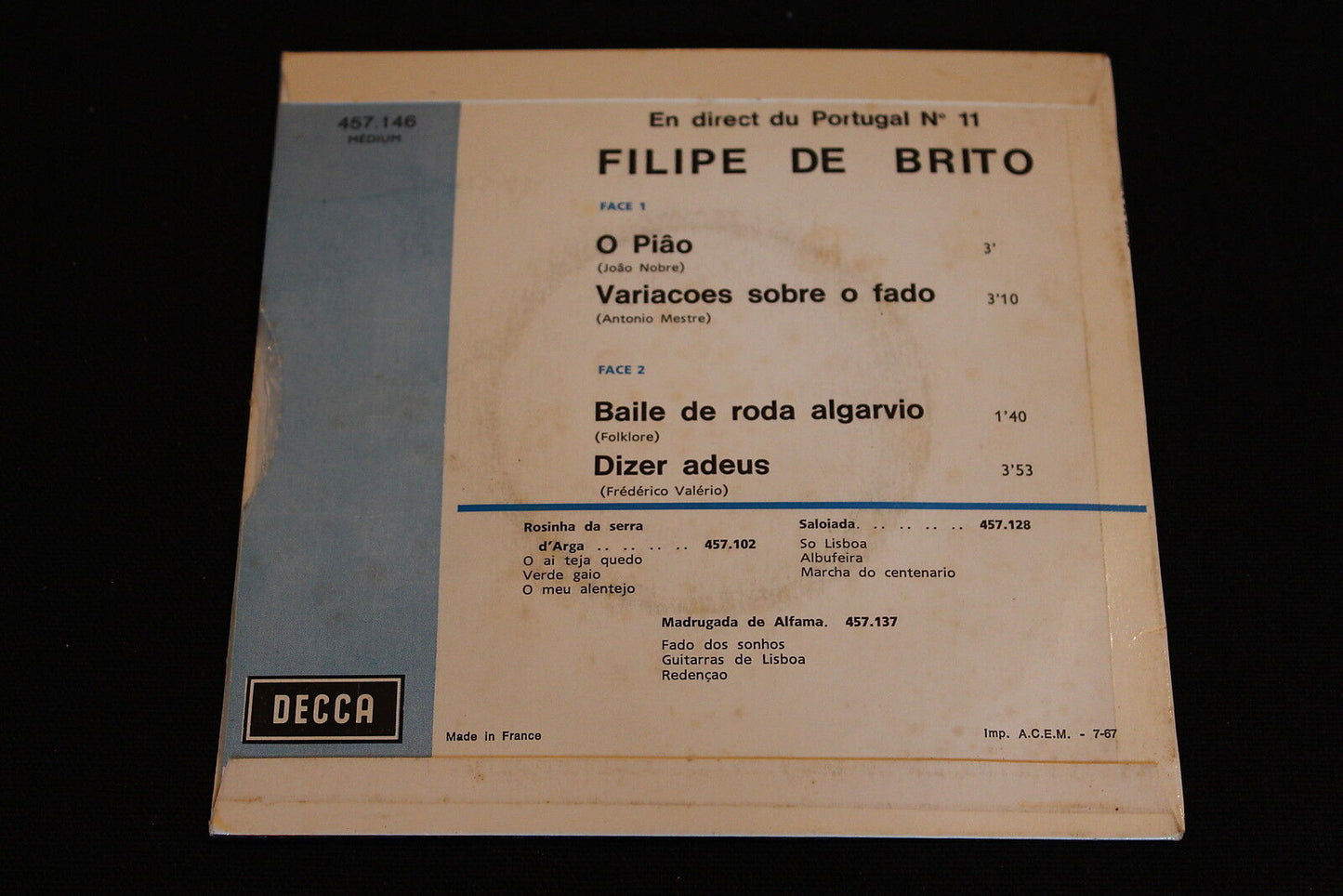 FILIPE DE BRITO EP 45T 7" O PIAO DECCA 1967