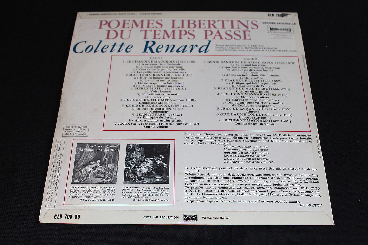 COLETTE RENARD POEMES LIBERTINS DU TEMPS PASSE VOGUE CLD 703 LP 33T 12"