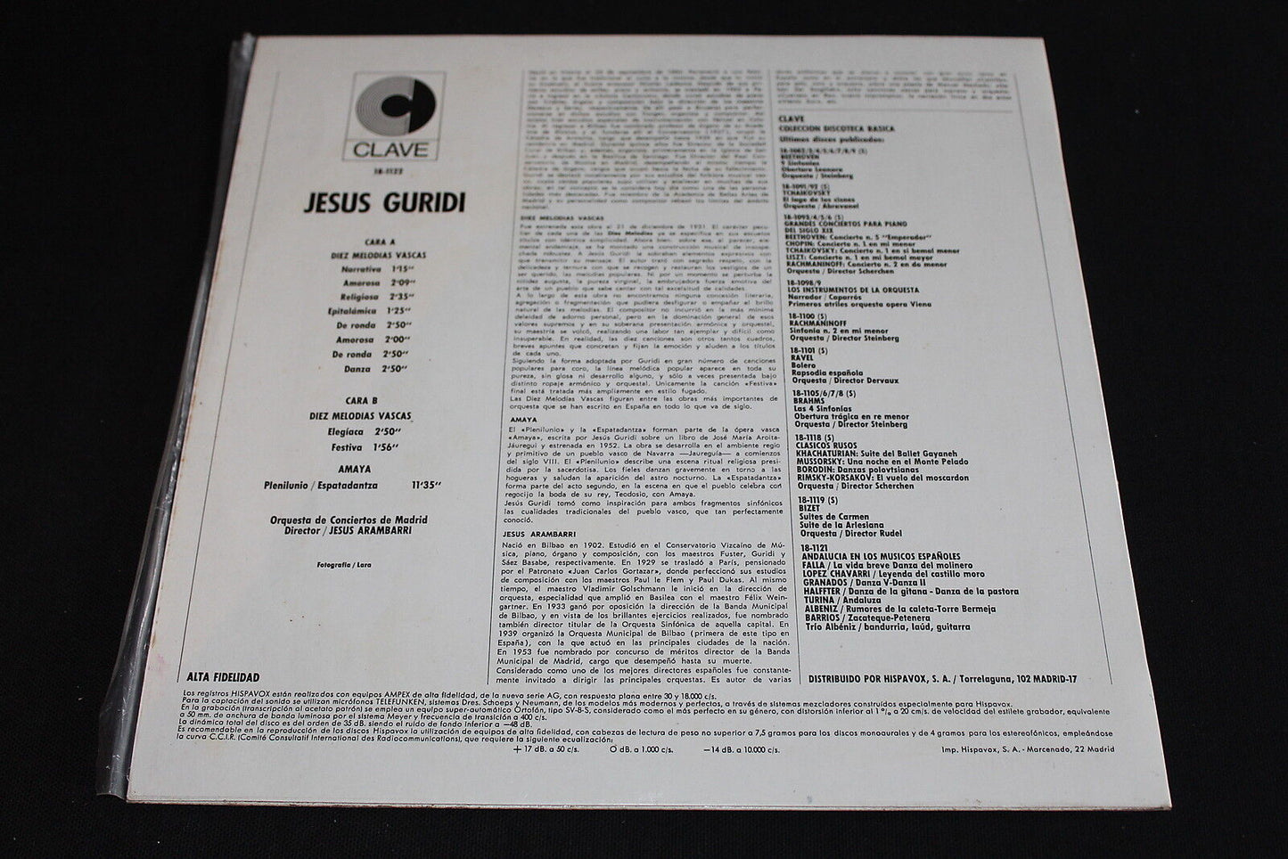 JESUS GURIDI DIEZ MELODIAS VASCAS 1969 CLAVE 18-1122 SPAIN LP 33T 12"