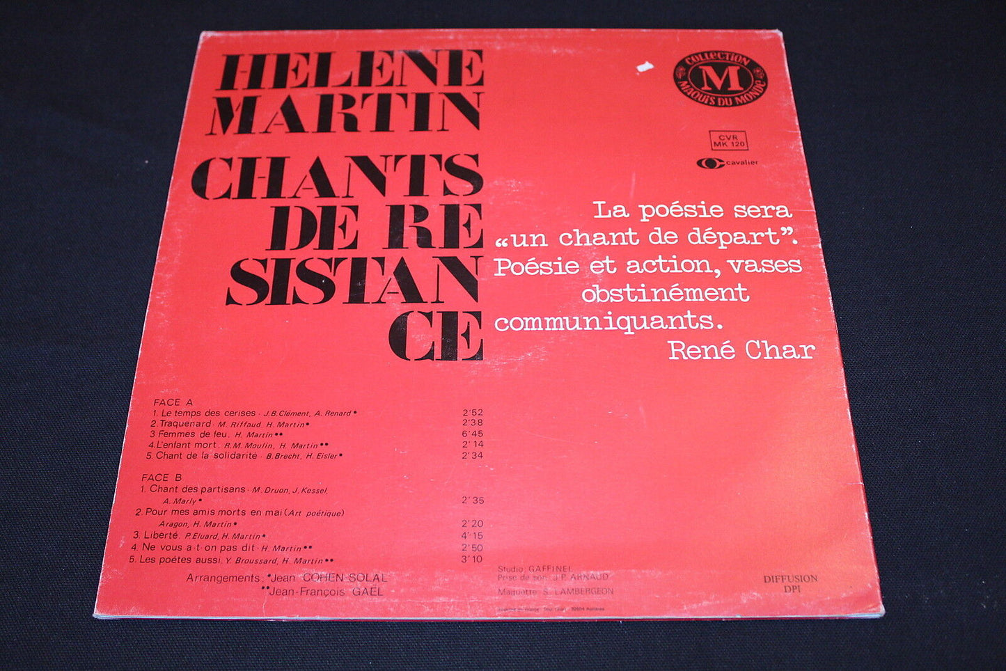 HELENE MARTIN CHANTS DE RESISTANCE LP 33T 12"