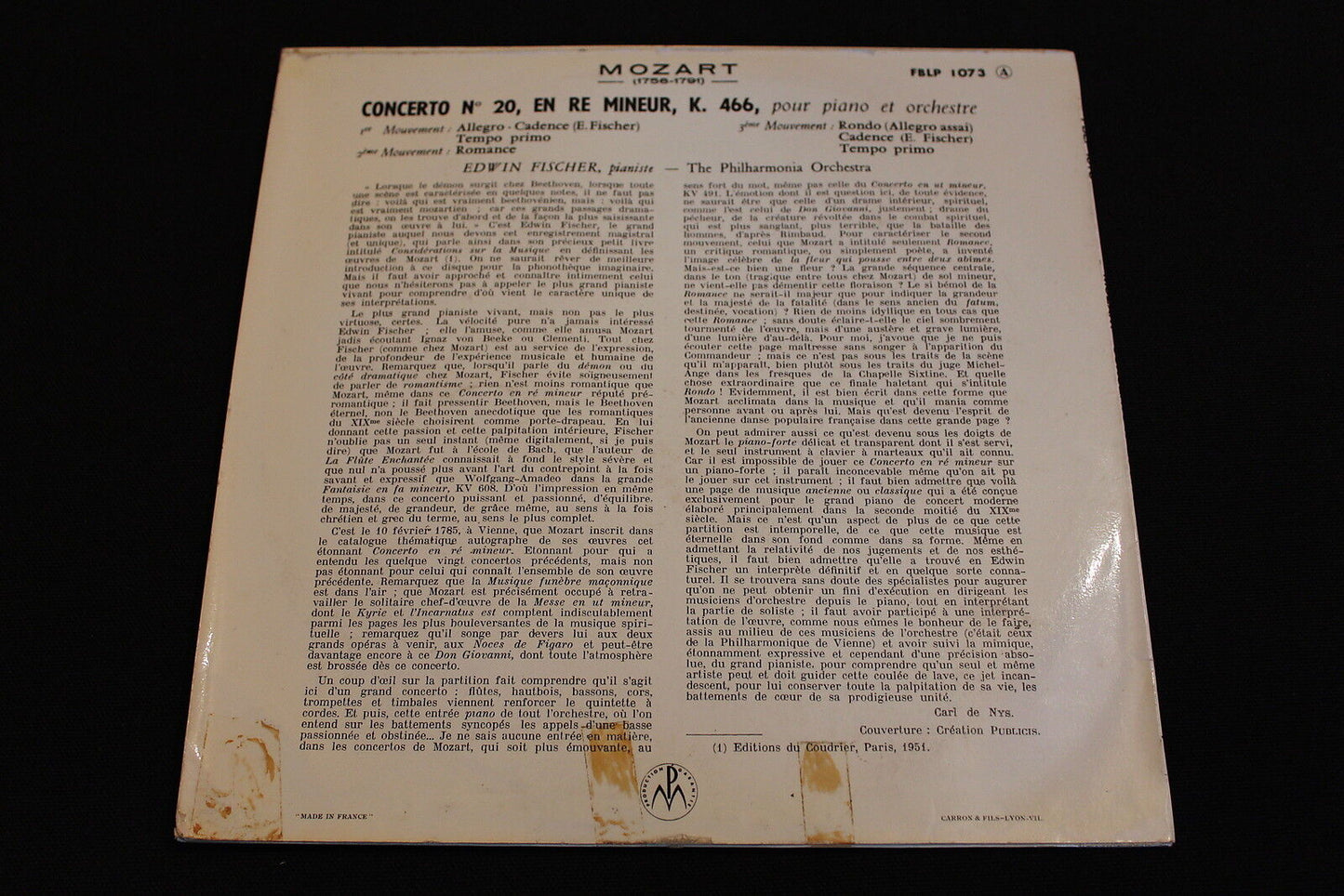 MOZART EDWIN FISCHER CONCERTO N°20 FBLP 1073 LP 33T 10"