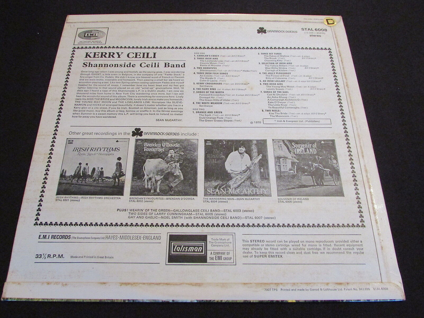 KERRY CEILI SHANNONSIDE CEILI BAND LP 33T 12" TALISMAN STAL 6008 UK
