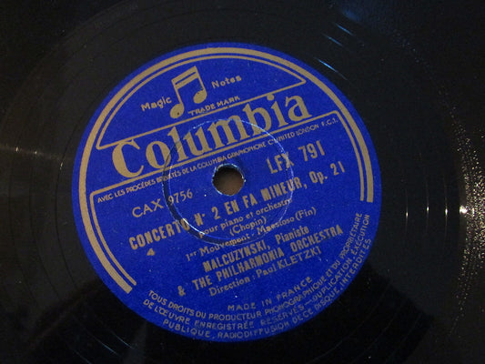MALCUZYNSKI   PAUL KLETZKI   CHOPIN   CONCERTO N°2   LOT 4 x 78T   COLUMBIA