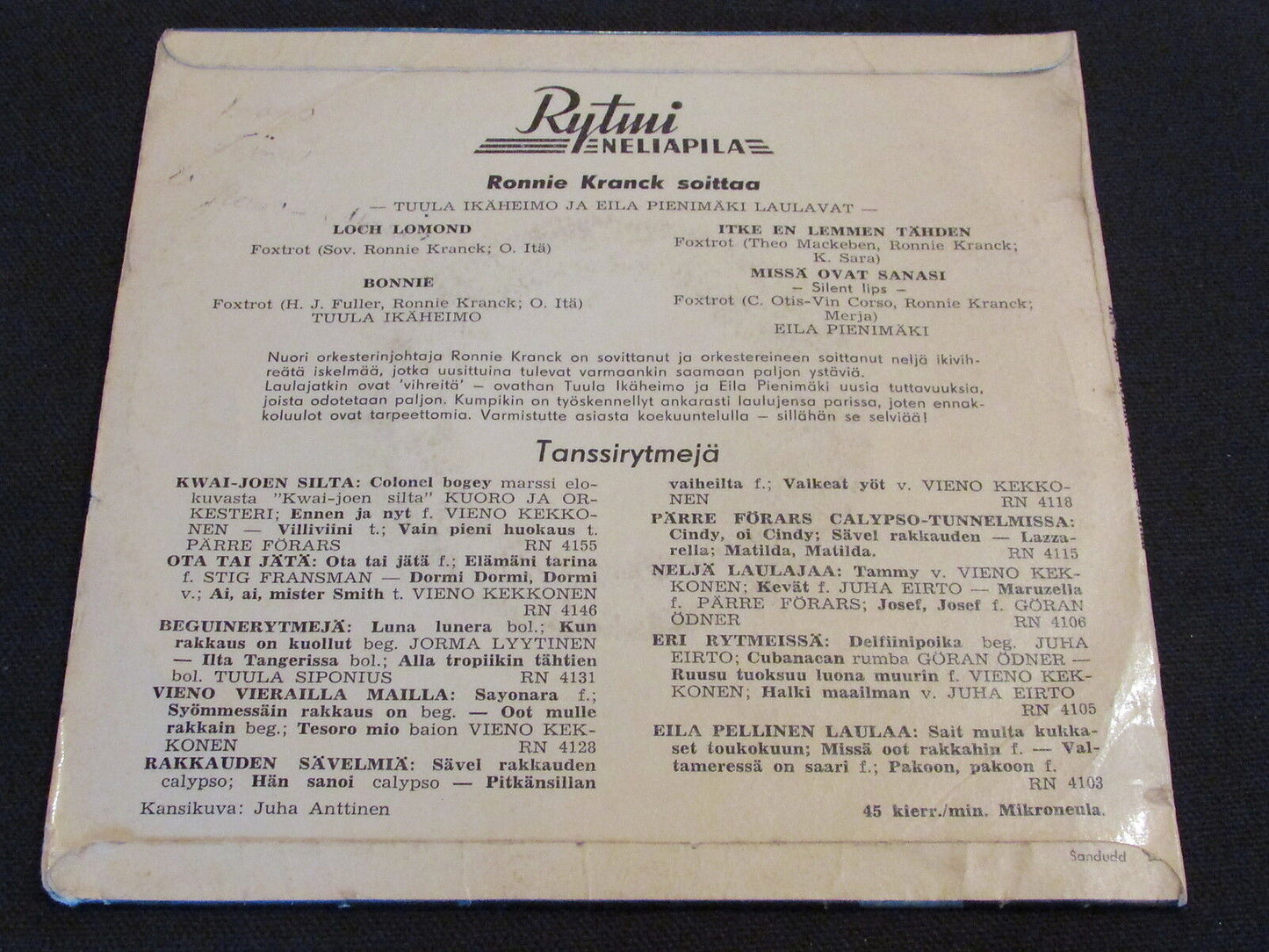 RONNIE KRANCK SOITTAA RARE RYTMI NELIAPILA RN 4161 EP 45T 7"