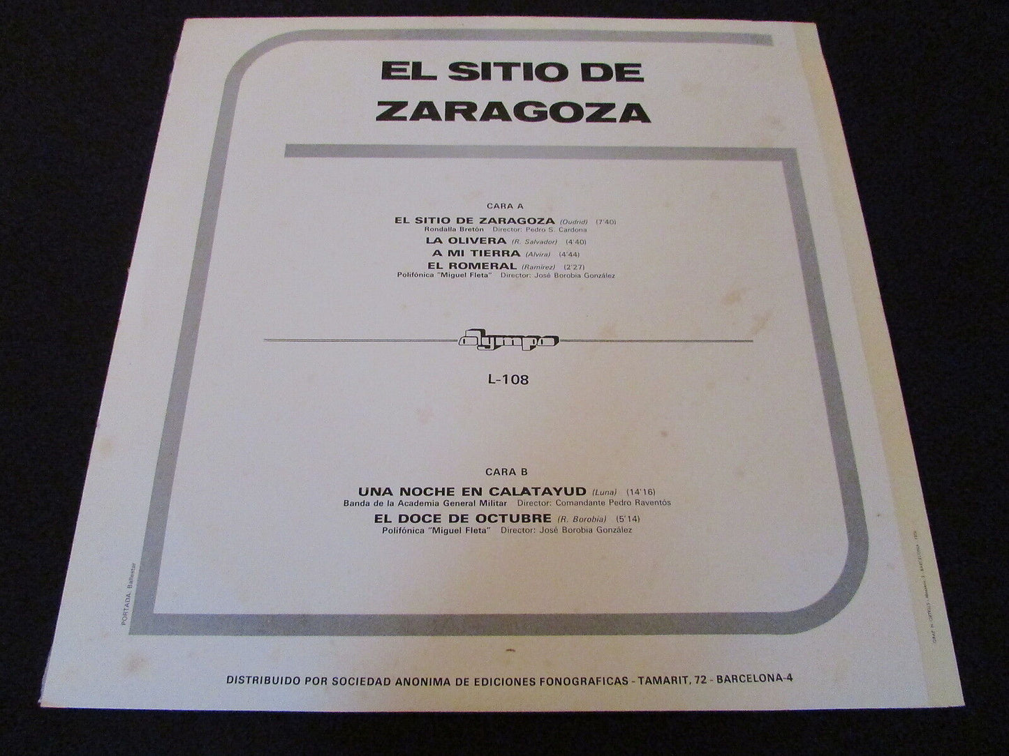 EL SITIO DE ZARAGOZA SPAIN OLYMPO L-108 LP 33T 12"
