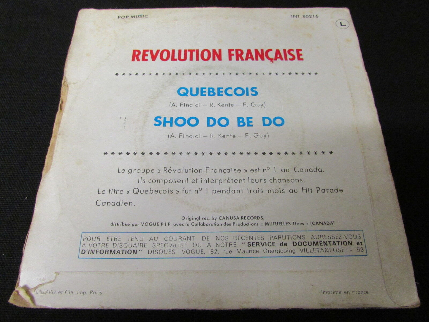 REVOLUTION FRANCAISE SP 45T 7" QUEBECOIS / SHOO DO BE DO POP MUSIC 80216