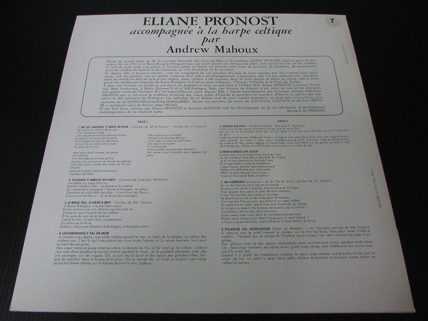 ELIANE PRONOST HARPE CELTIQUE ANDREW MAHOUX LP 33T 10" MOUEZ BREIZ 3353