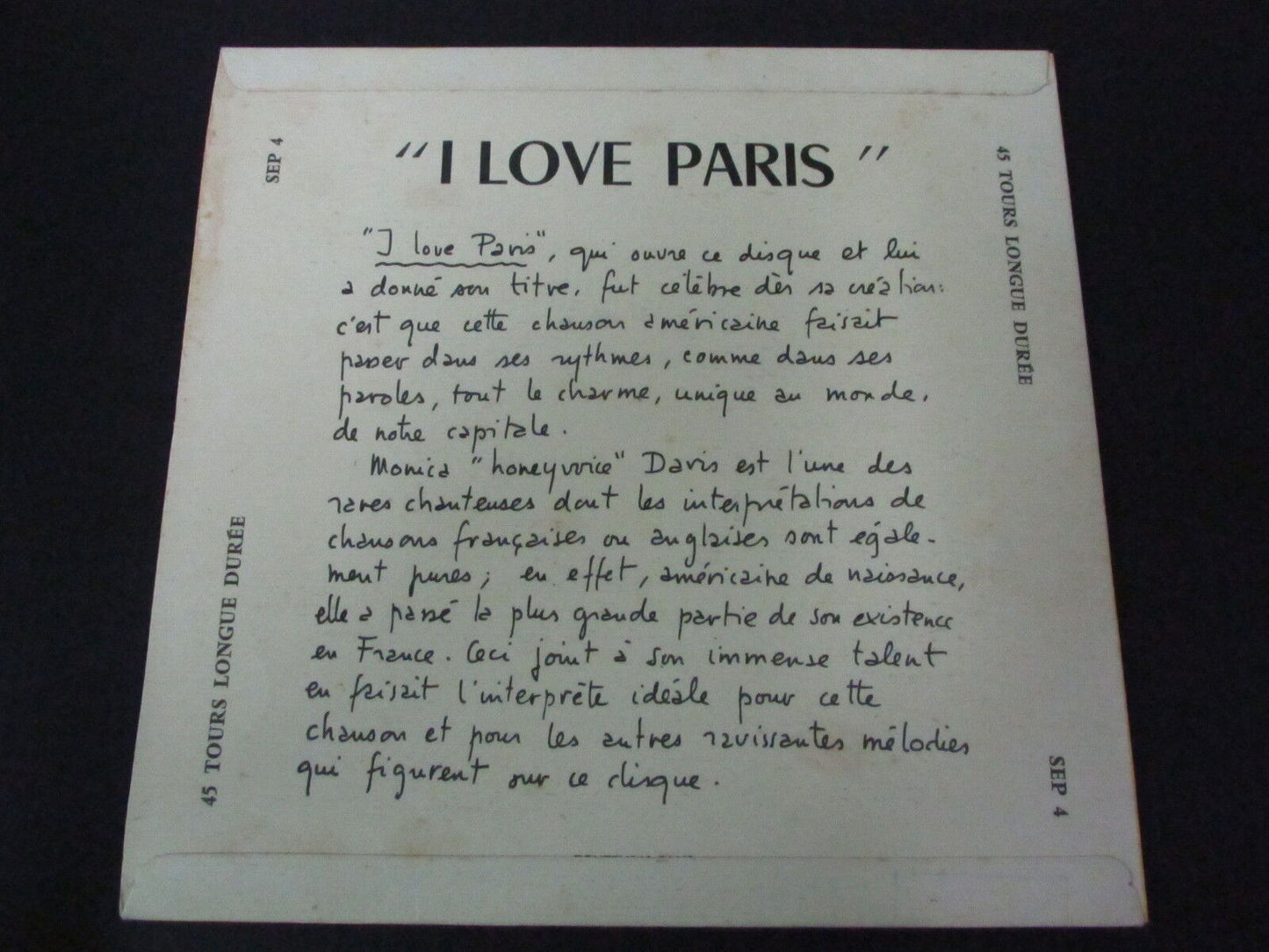 MONICA DAVIS EP 45T 7" I LOVE PARIS SEP 4