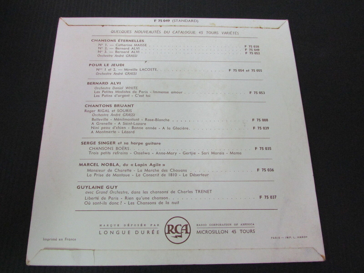 BERNARD ALVI CHANSONS ETERNELLES N°2 SP 45T 7" RCA F75049