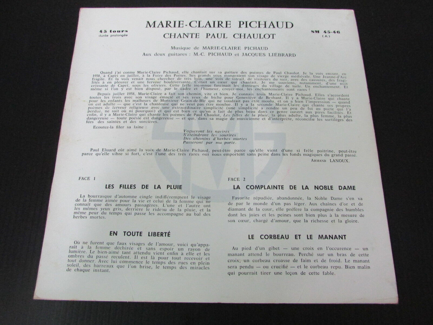 MARIE CLAIRE PICHAUD EP 45T 7" LES FILLES DE LA PLUIE SM 45-46