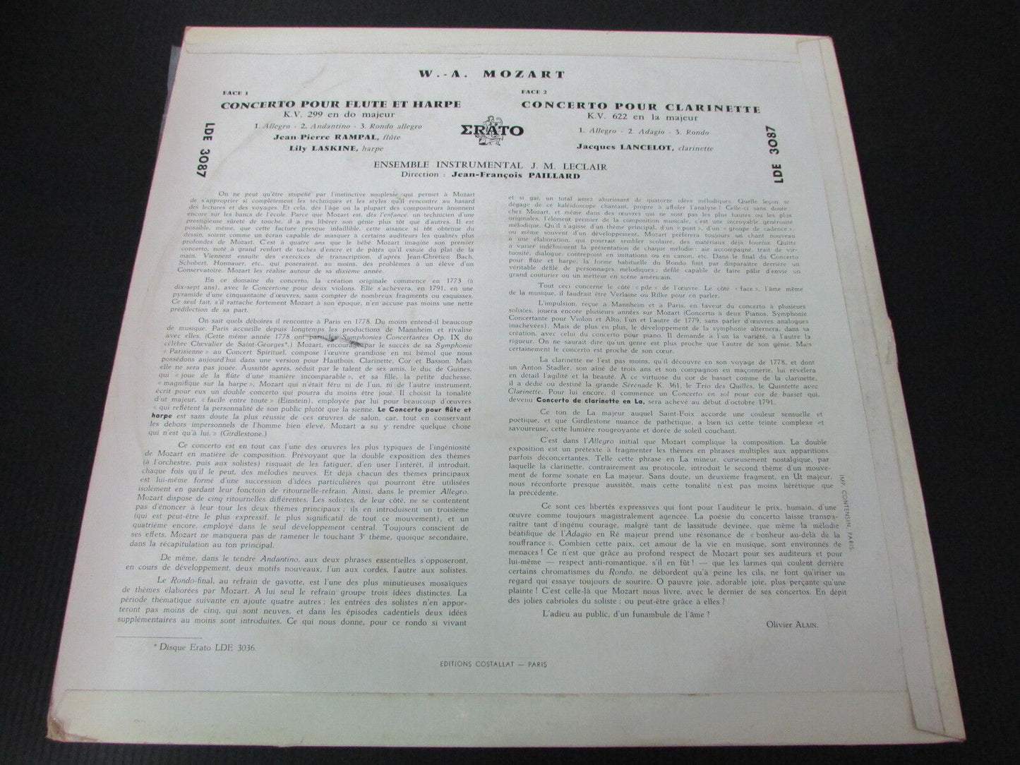 MOZART / PAILLARD / JACQUES LANCELOT / RAMPAL / LASKINE LP 33T 12" SIGNED !!