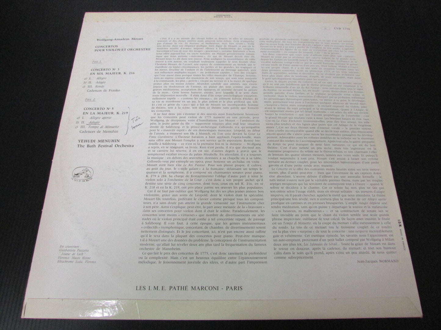 MOZART / YEHUDI MENUHIN / THE BATH FESTIVAL ORCHESTRA LP 33T 12" CVB 1736