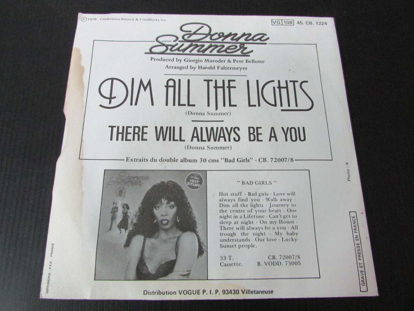 DONNA SUMMER SP 45T 7" DIM ALL THE LIGHTS 1979