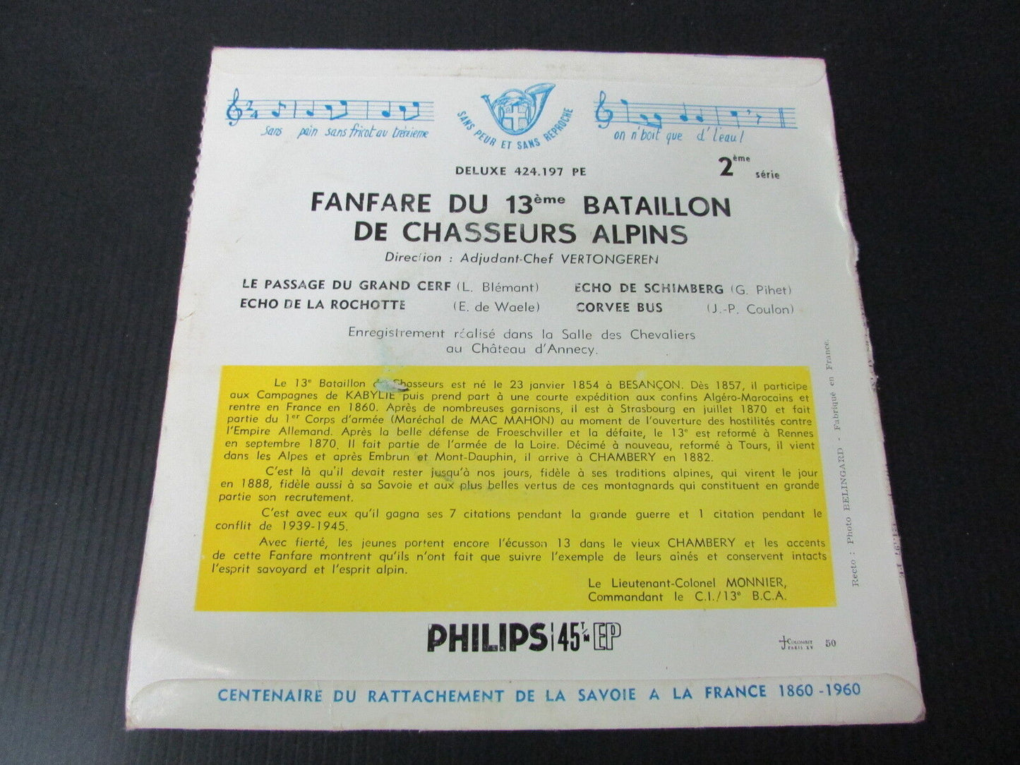 FANFARE du 13ème BATAILLON de CHASSEURS ALPINS EP 45T 7" PHILIPS