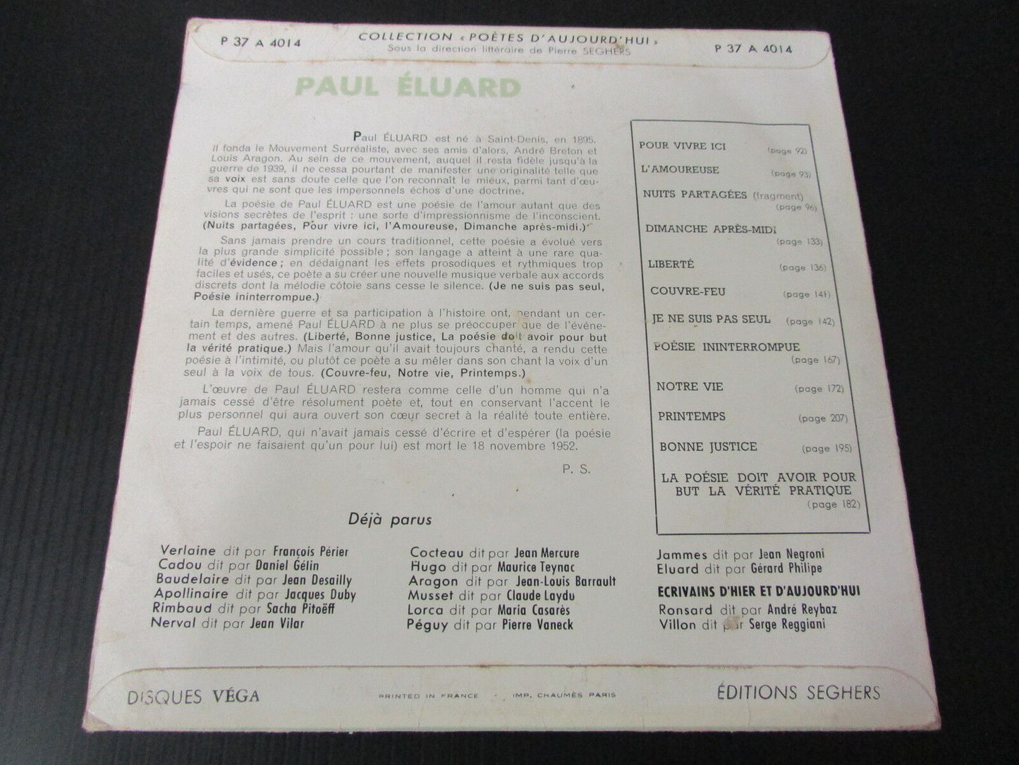 PAUL ELUARD dit par GERARD PHILIPE EP 33T 7"