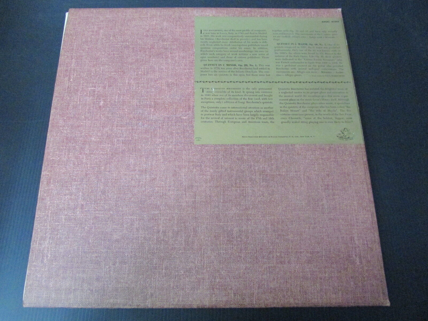 BOCCHERINI QUINTETS ALBUM 3 ANGEL RECORDS 45008 LIBRARY SERIES LP 33T 12"