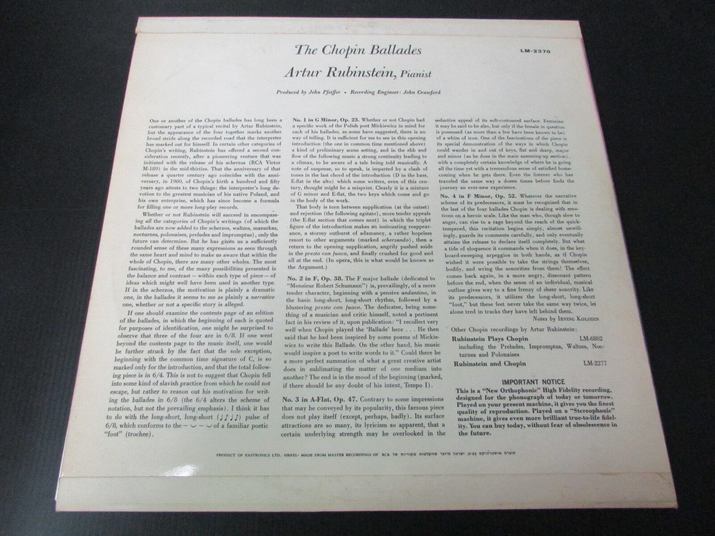RUBINSTEIN THE CHOPIN BALLADES RCA VICTOR LM-2370 RARE ISRAEL LP 33T 12"