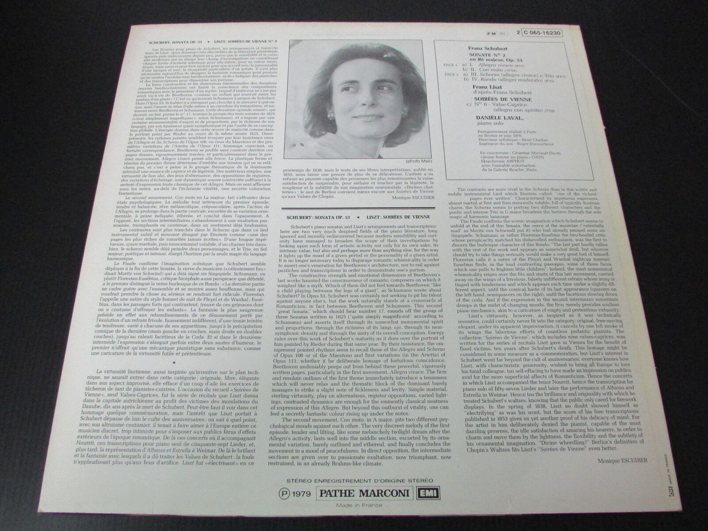 DANIELE LAVAL SCHUBERT SONATE N°2 en Ré majeur, Op.53 1979 LP 33T 12"