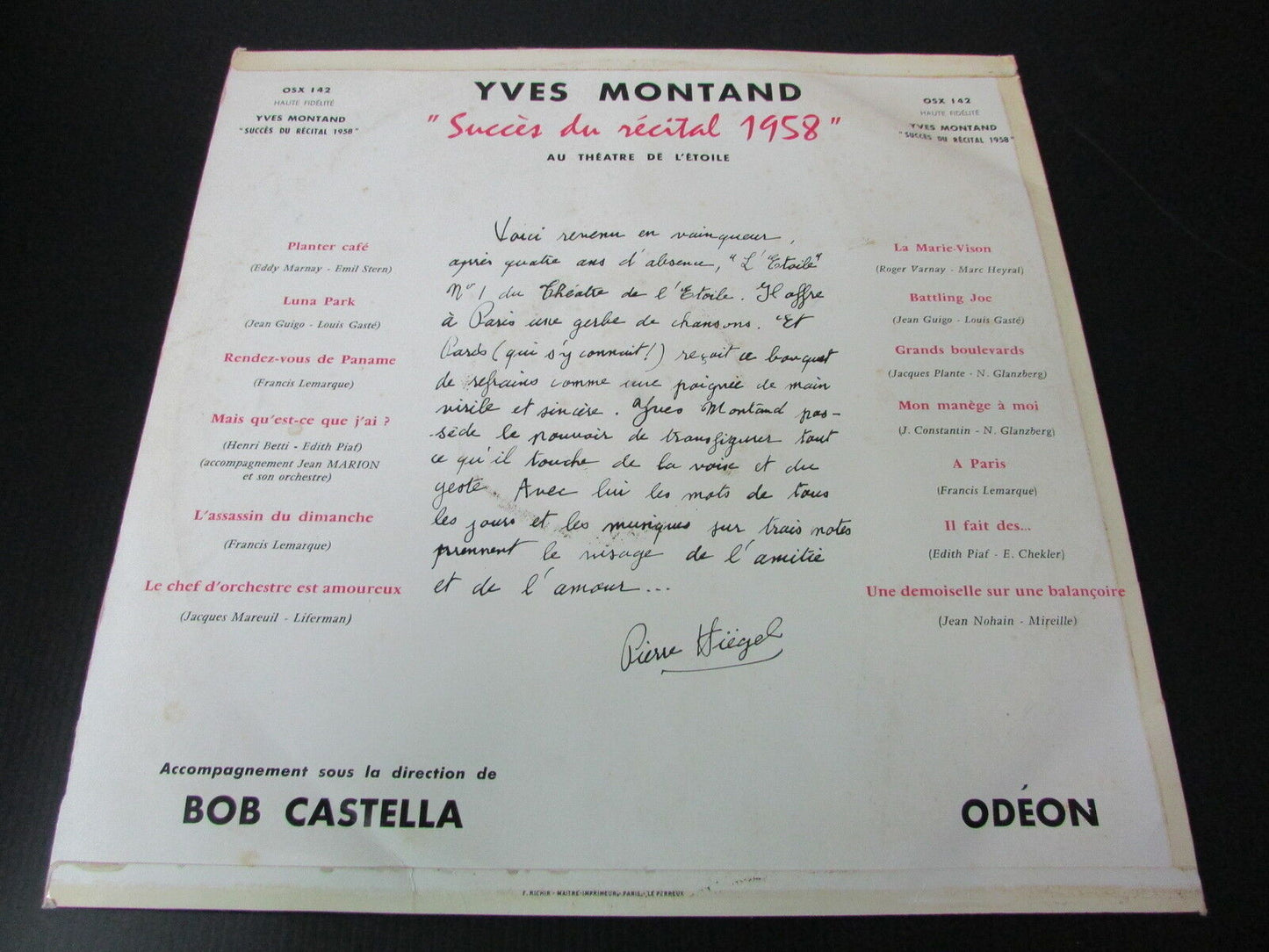 YVES MONTAND   SUCCES DU RECITAL 1958   ODEON OSX 142   LP 33T 12"