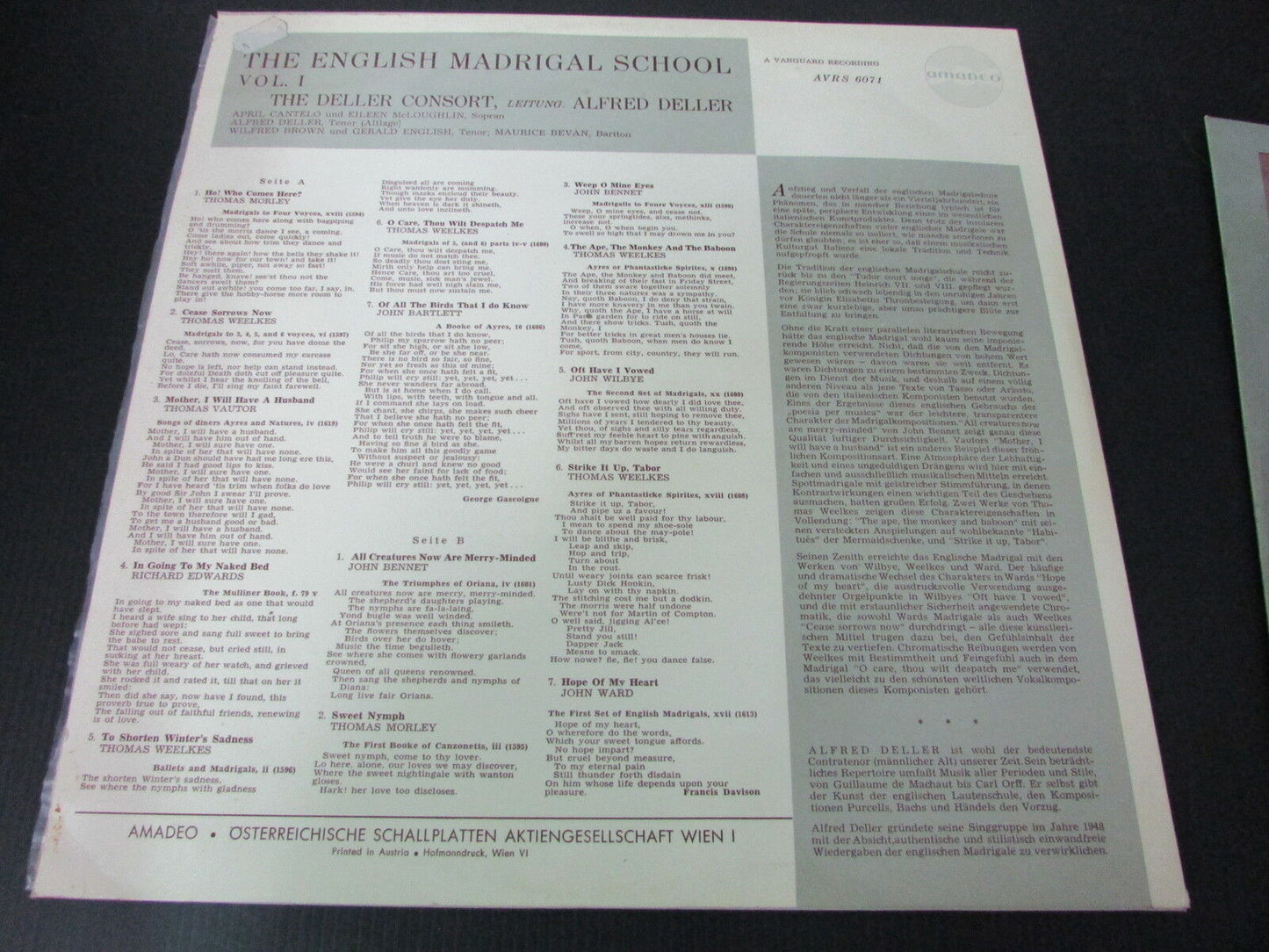 THE ENGLISH MADRIGAL SCHOOL VOL. I & II AMADEO AVRS 6071 / 6072 LP 33T 12"