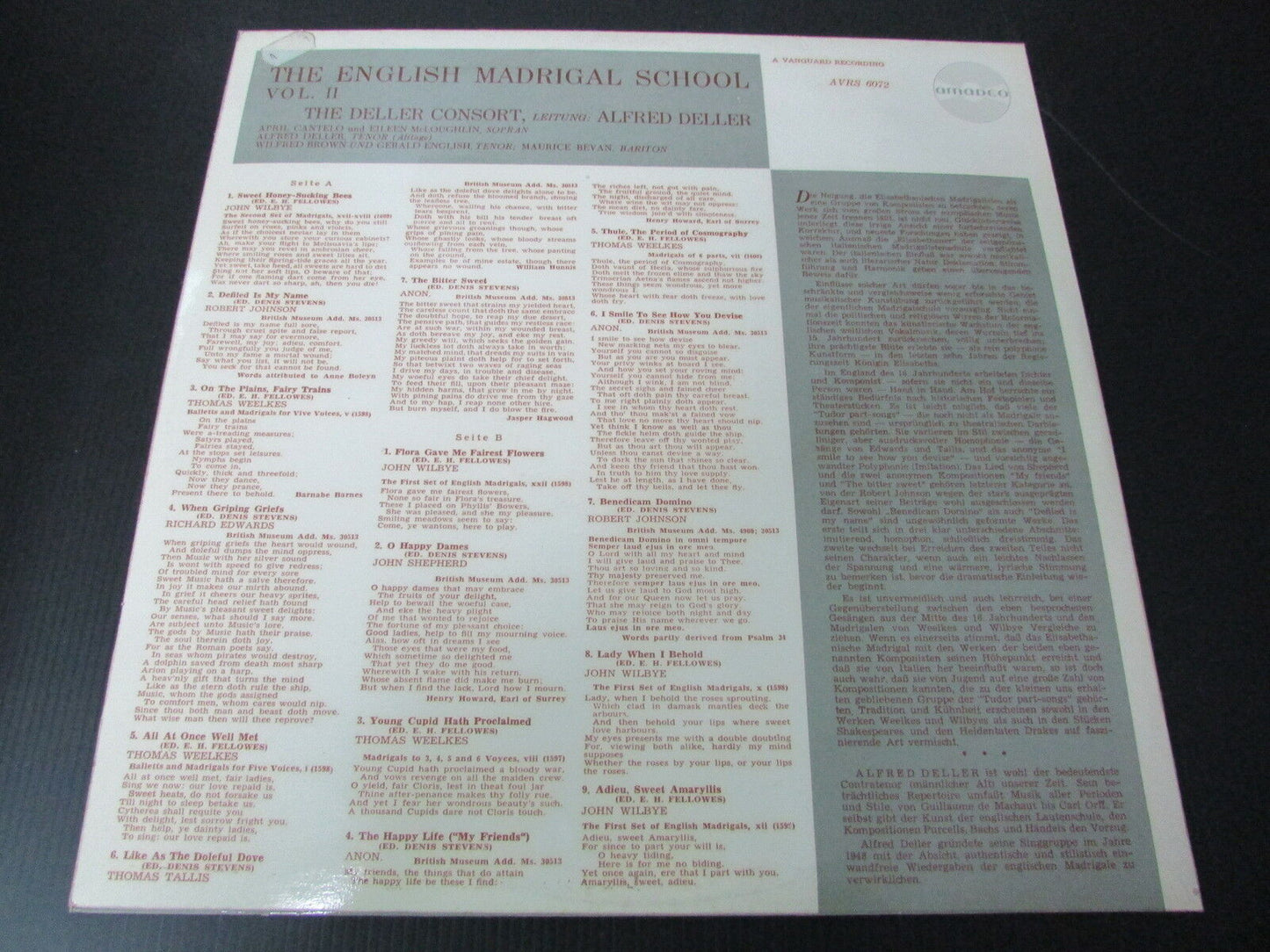 THE ENGLISH MADRIGAL SCHOOL VOL. I & II AMADEO AVRS 6071 / 6072 LP 33T 12"