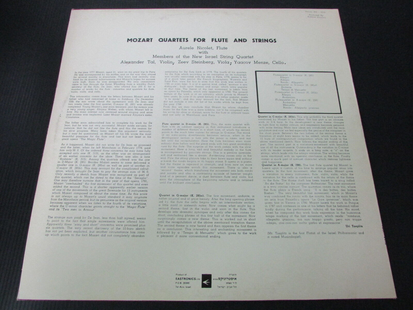 AURELE NICOLET, Flûte MOZART ISRAEL LP 33T 12"