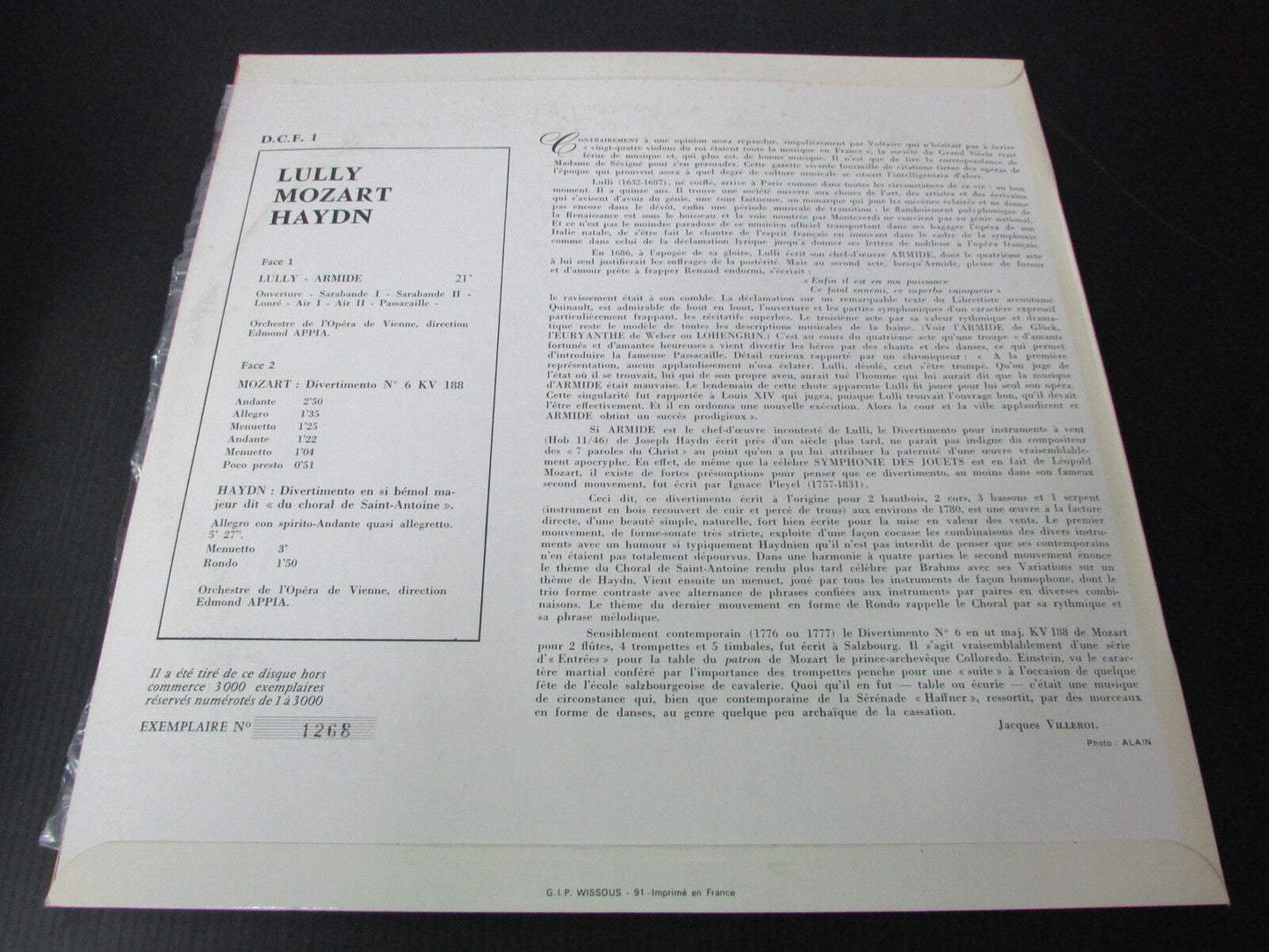 LULLY MOZART HAYDN DISCOPHILE CLUB DE FRANCE LIMITED 1268/3000 LP 33T 12"