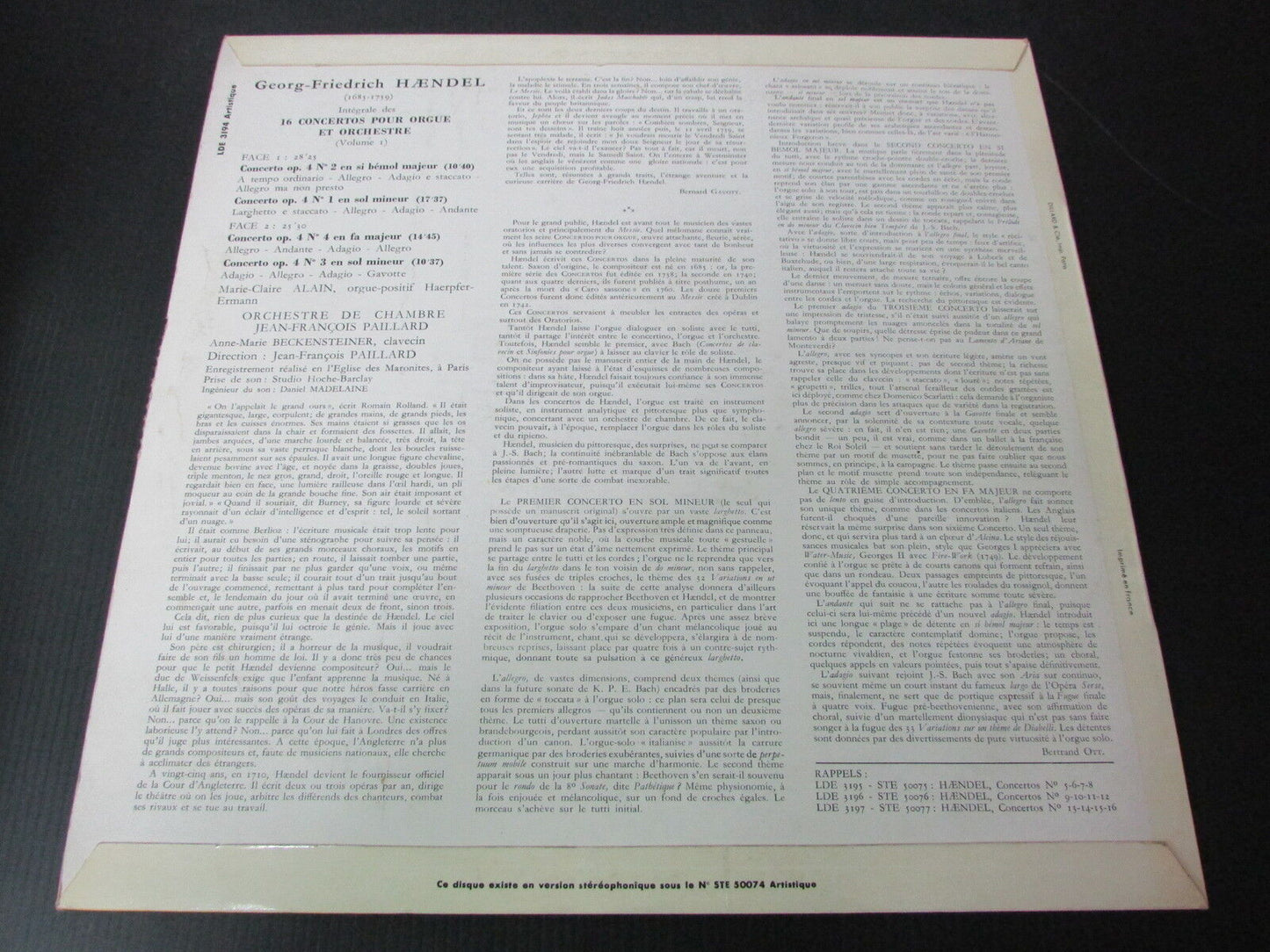 MARIE-CLAIRE ALAIN G.-F. HAENDEL CONCERTOS ORGUE ET ORCHESTRE LP 33T 12"