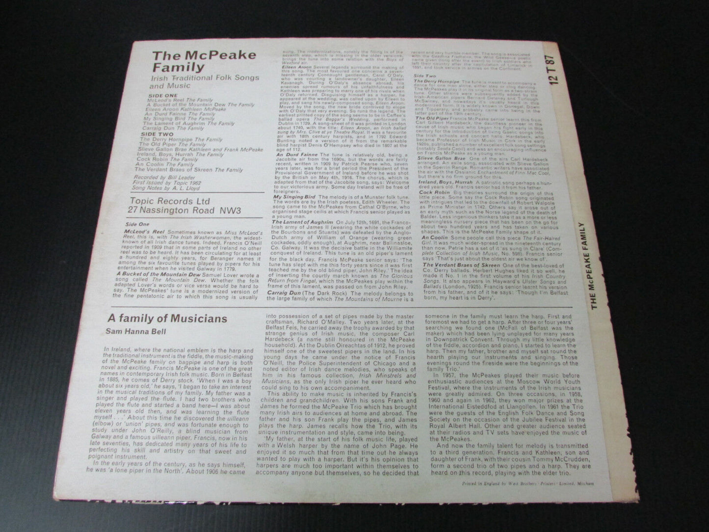 THE MCPEAKE FAMILY IRISH TRADITIONAL FOLK SONGS AND MUSIC LP TOPIC 12T87