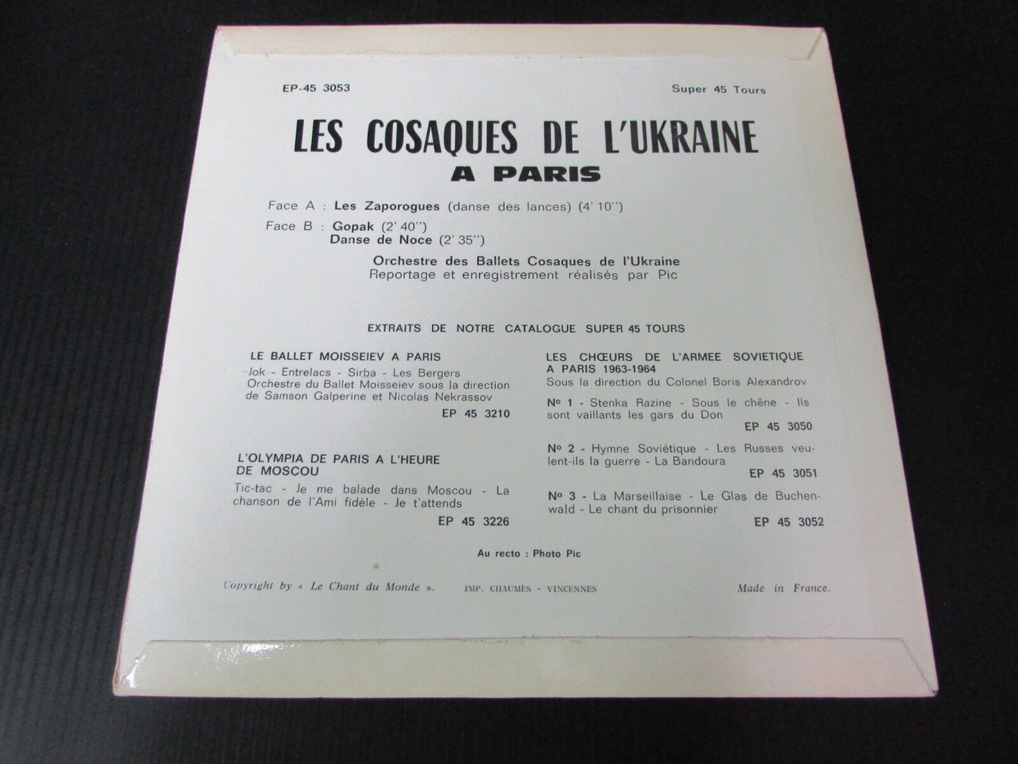 LES COSAQUES DE L'UKRAINE A PARIS EP 45T 7" LE CHANT DU MONDE 3053