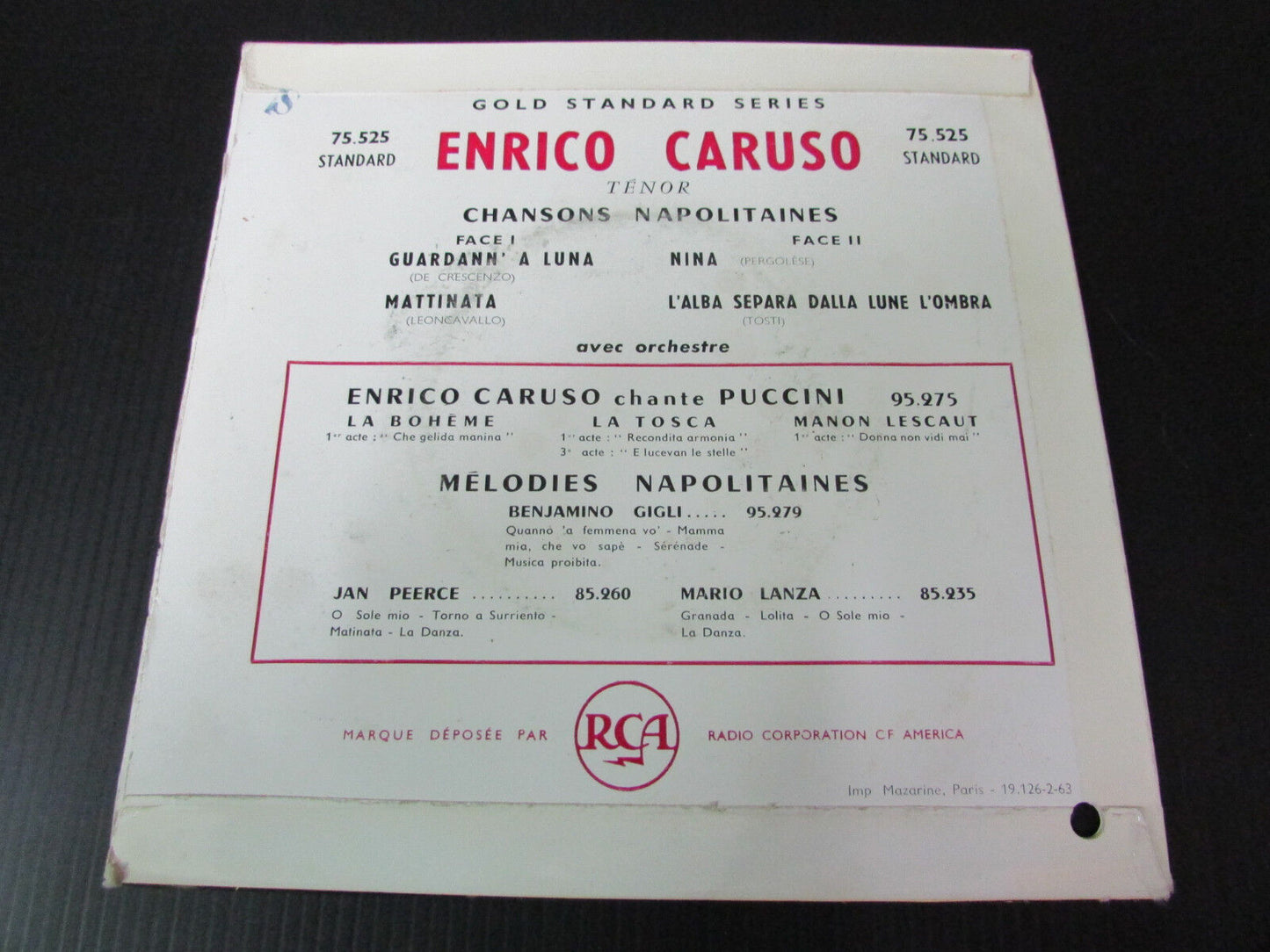 ENRICO CARUSO CHANSONS NAPOLITAINES FRENCH EP 45T 7" RCA 75525 1963