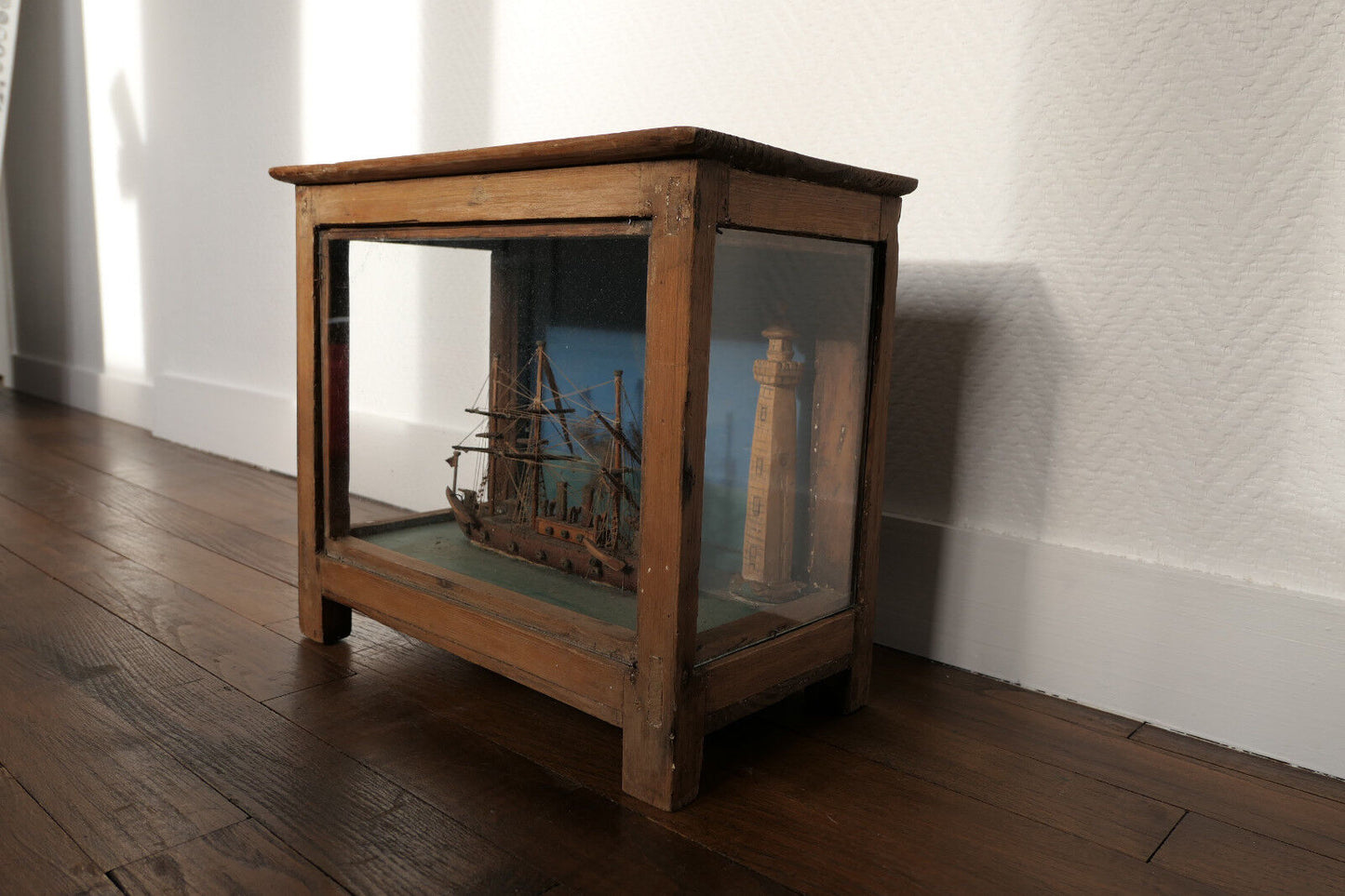ANCIEN ANTIQUE DIORAMA EX VOTO MARINE MAQUETTE BATEAU PHARE ART POPULAIRE XIXe