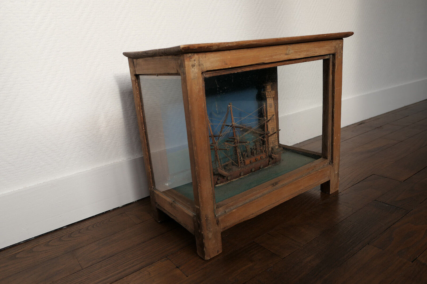 ANCIEN ANTIQUE DIORAMA EX VOTO MARINE MAQUETTE BATEAU PHARE ART POPULAIRE XIXe