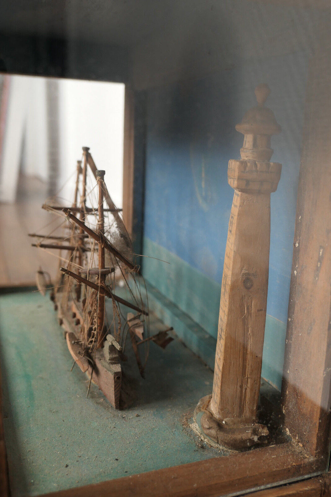 ANCIEN ANTIQUE DIORAMA EX VOTO MARINE MAQUETTE BATEAU PHARE ART POPULAIRE XIXe
