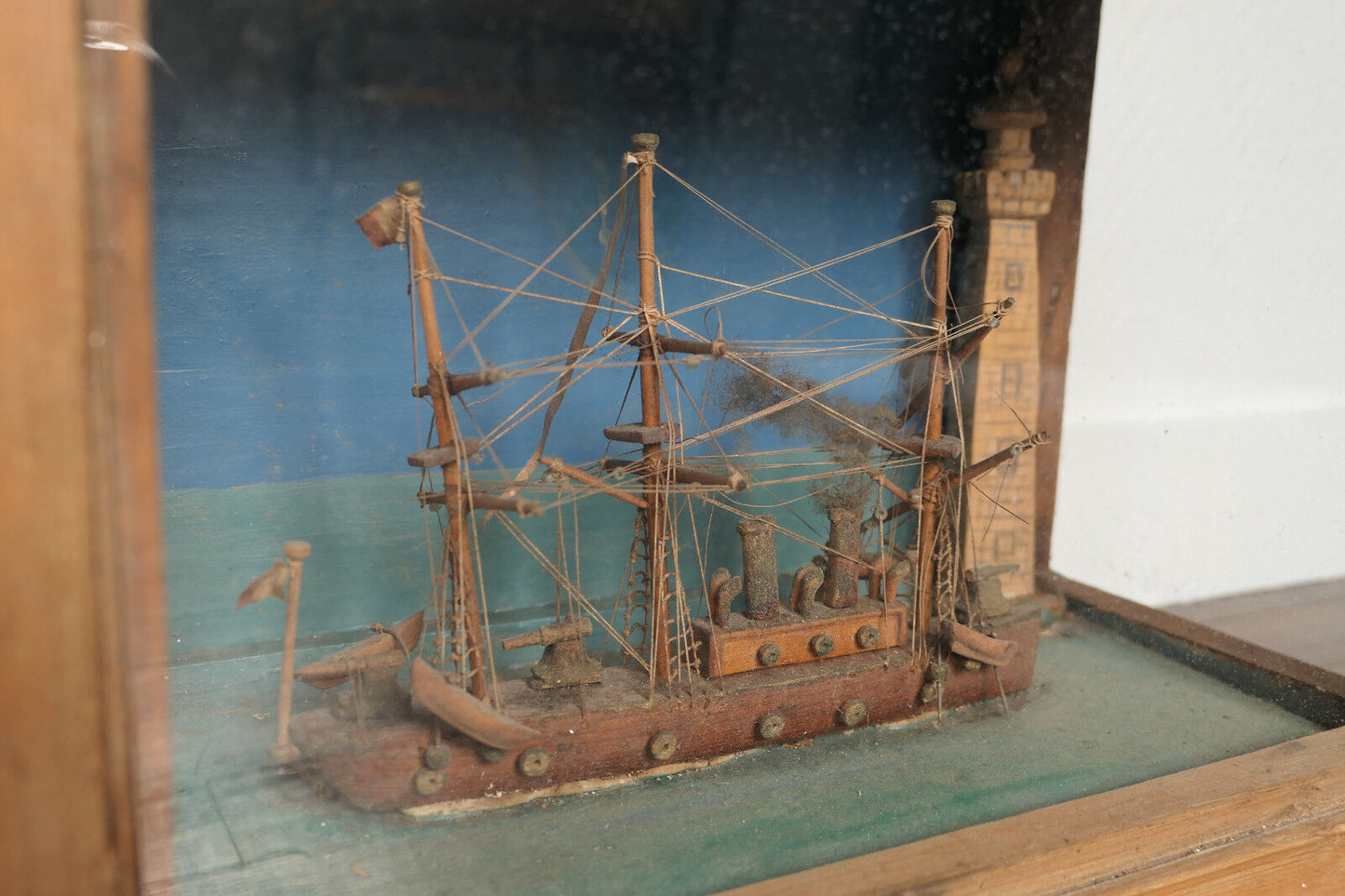 ANCIEN ANTIQUE DIORAMA EX VOTO MARINE MAQUETTE BATEAU PHARE ART POPULAIRE XIXe