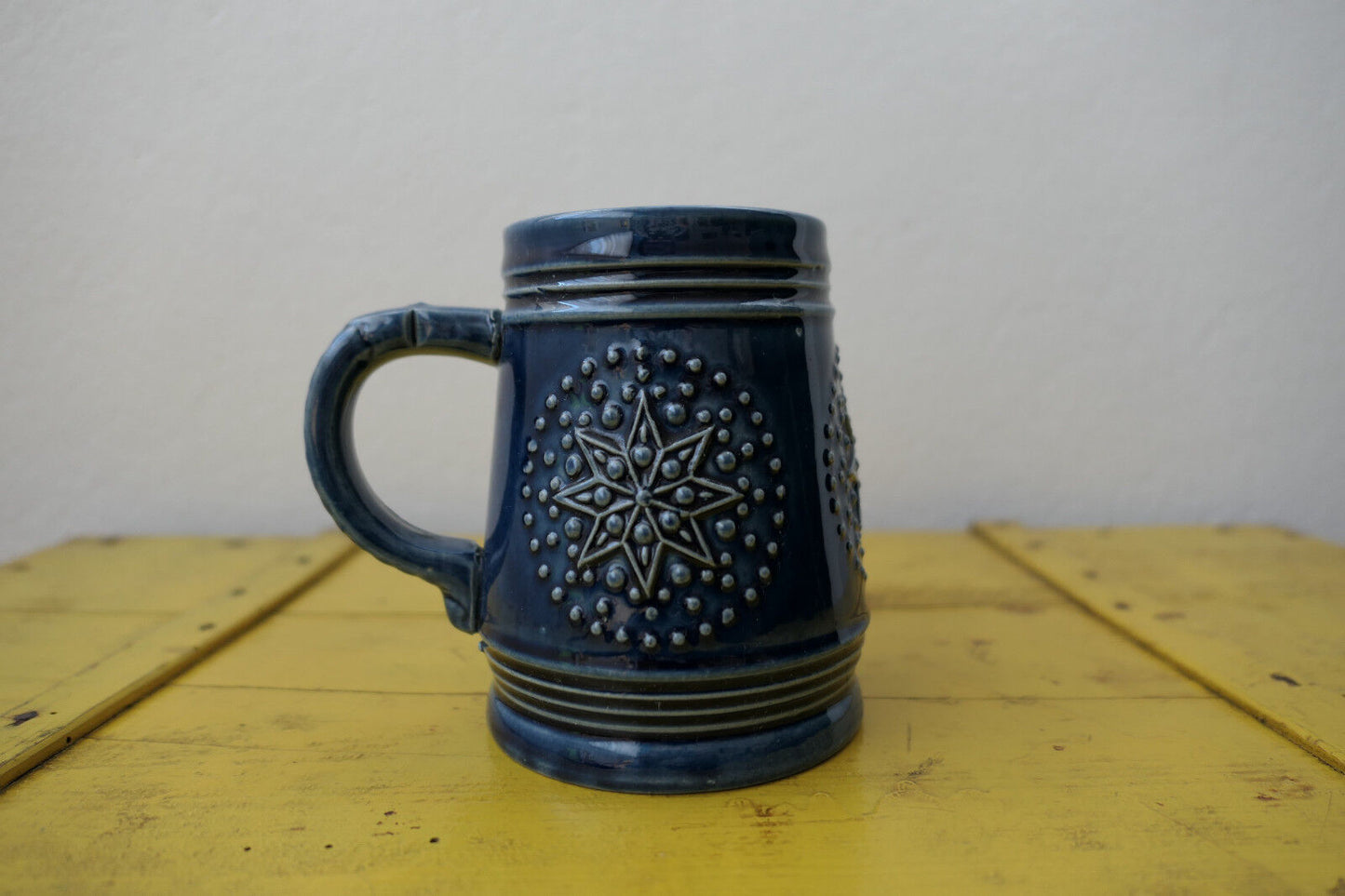 OLD BEER MUG BLUE ENAMEL STONEWARE MR MARZI REMY EARLY 20TH CENTURY