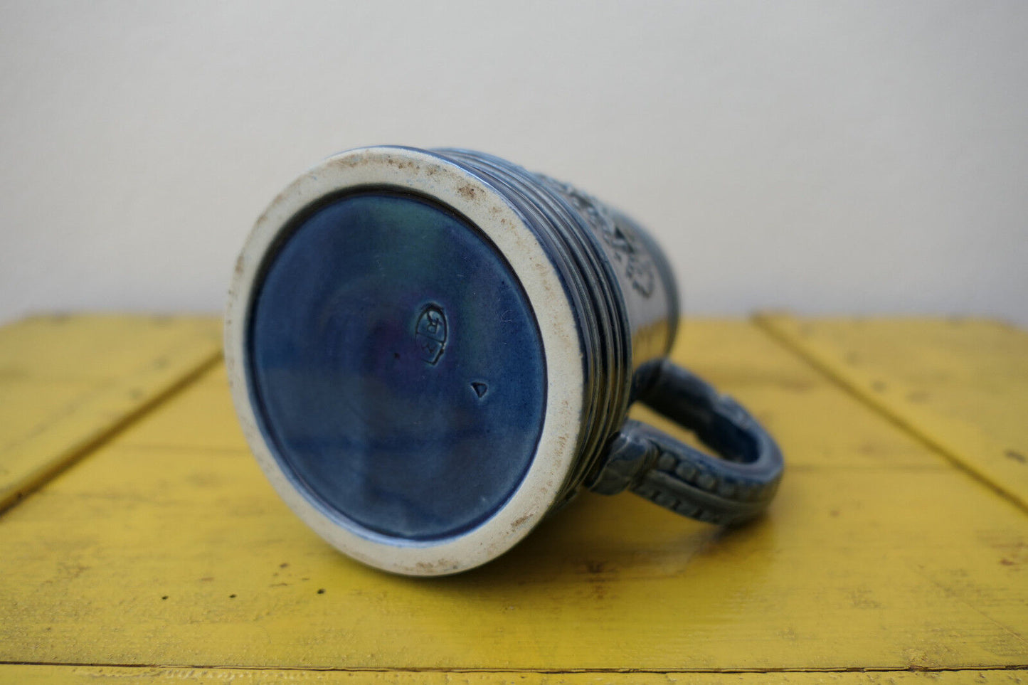 OLD BEER MUG BLUE ENAMEL STONEWARE MR MARZI REMY EARLY 20TH CENTURY