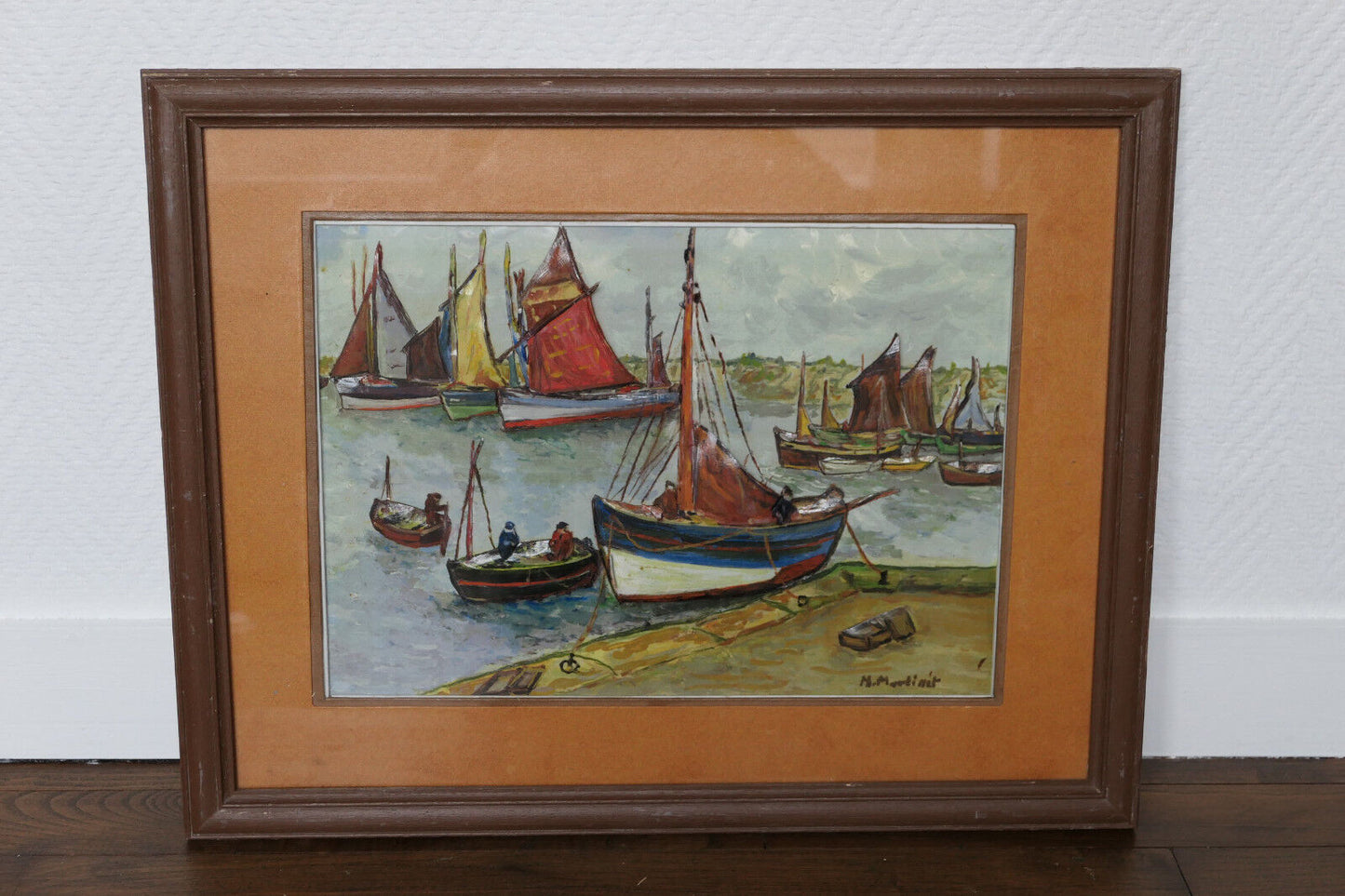 ANCIEN TABLEAU EN RELIEF SIGNE M. MARTINET PEINTURE MARINE BATEAUX PORT